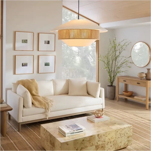 Vintage fabric pendant light with hemp rope, country style - vue 3 sur 9