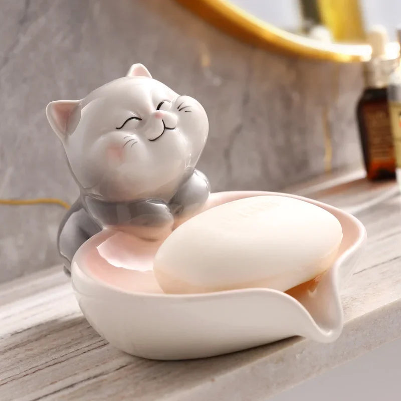 Ceramic Soap Holder for Household Desktop Decoration, Creative Cat Soap Box, Bathroom Drain, Cute Cartoon Storage Shelf - vue 3 sur 7