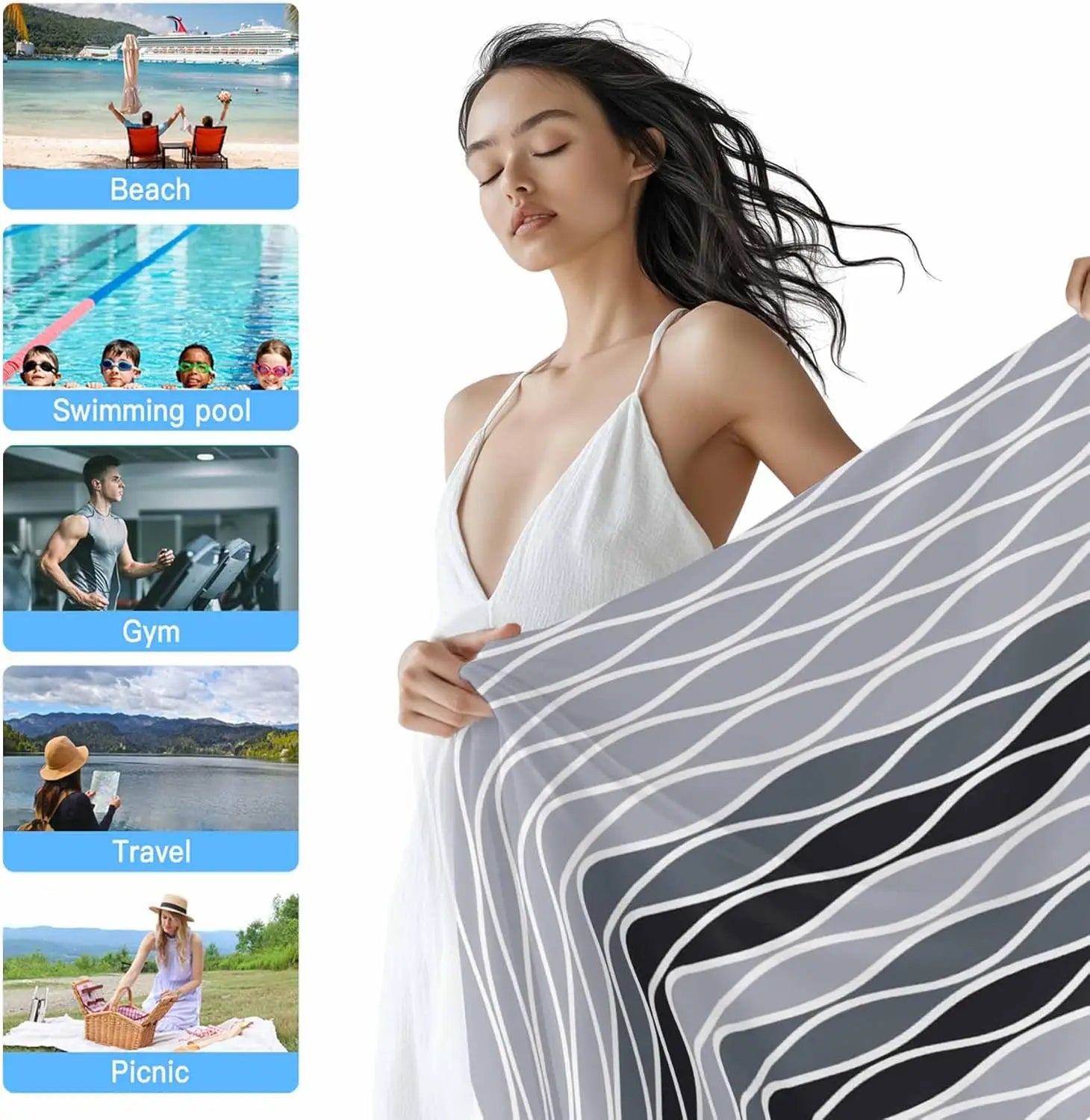 serviette de plage motifs vagues abstraites absorbante légère - vue 3 sur 6