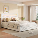 Upholstered Bed, Double Bed, PU Bedside Lamp, Hydraulic Functional Storage Bed, Headboard and Slatted Base, Padded Backrest
