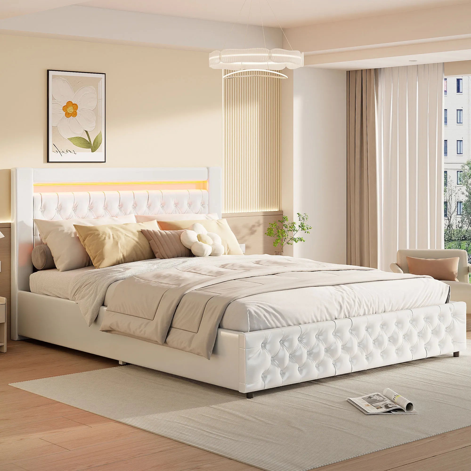 Upholstered Bed, Double Bed, PU Bedside Lamp, Hydraulic Functional Storage Bed, Headboard and Slatted Base, Padded Backrest