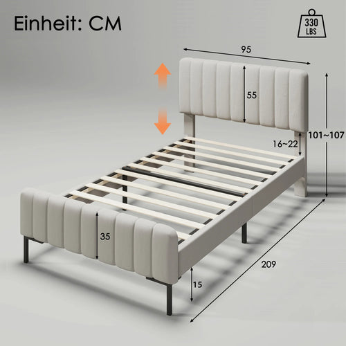 Headboard height is adjustable, 55cm high and thickened headboard Double bed with upholstered bed frame without mattress - vue 9 sur 8