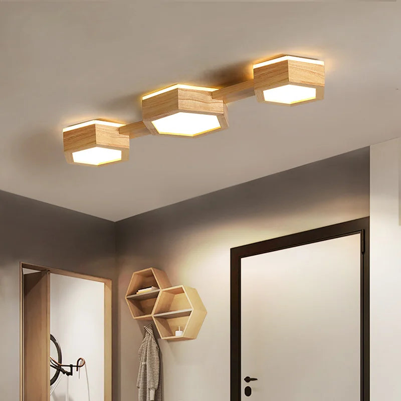 plafonnier en bois design moderne hexagonal avec éclairage LED - vue 3 sur 11