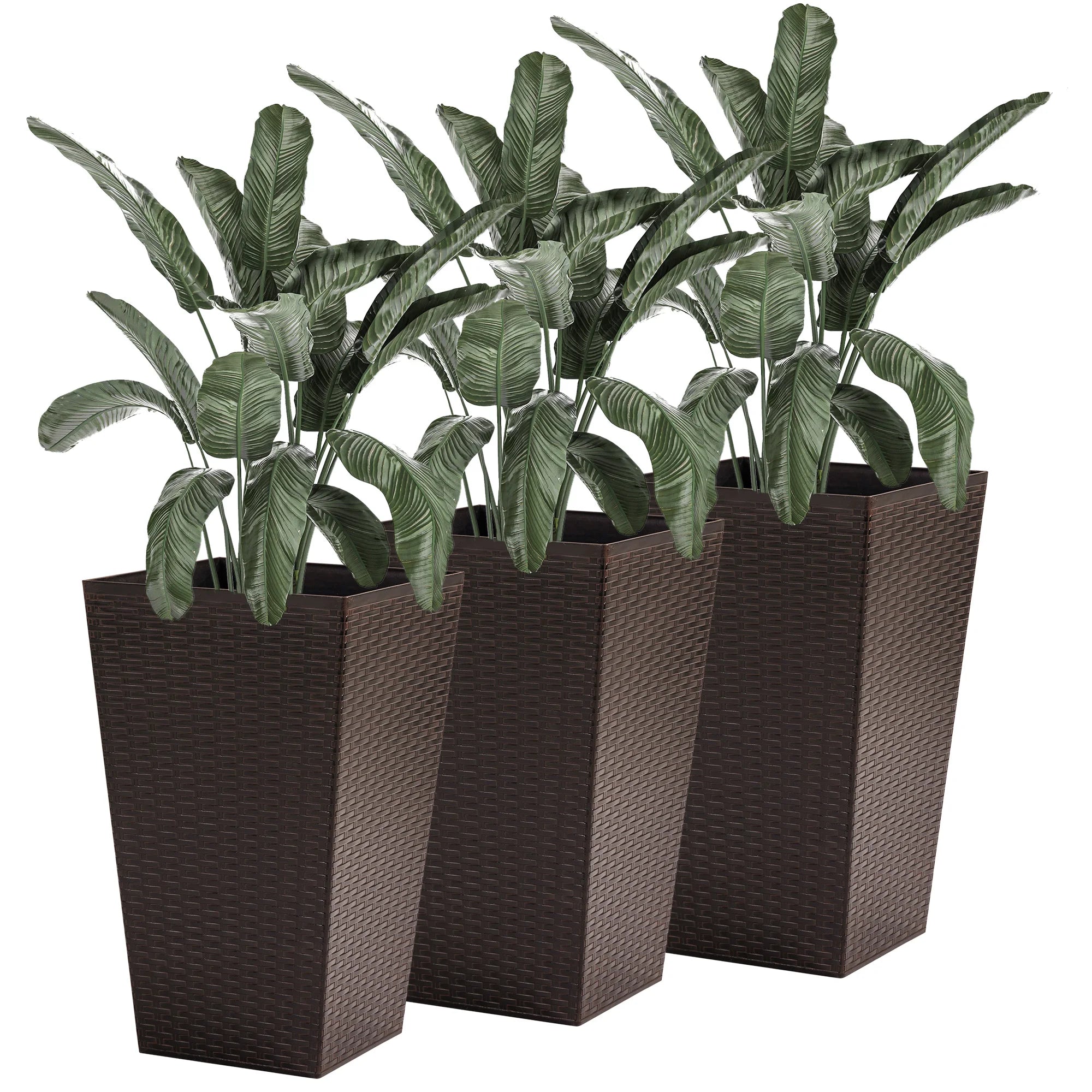 Outsunny Set of 3 Square Pots for Plants Flowers 3 Pot Mat Effect of Smile Rattan for Garden Terrace 36.5x36.5x61cm