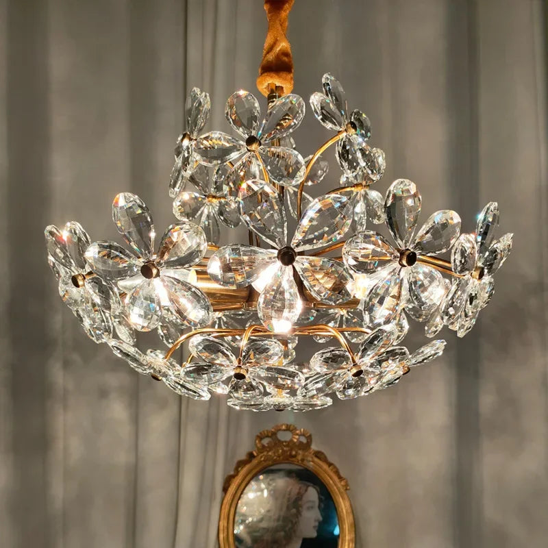 lustre design français en cristal fleur rétro led de luxe - vue 5 sur 9