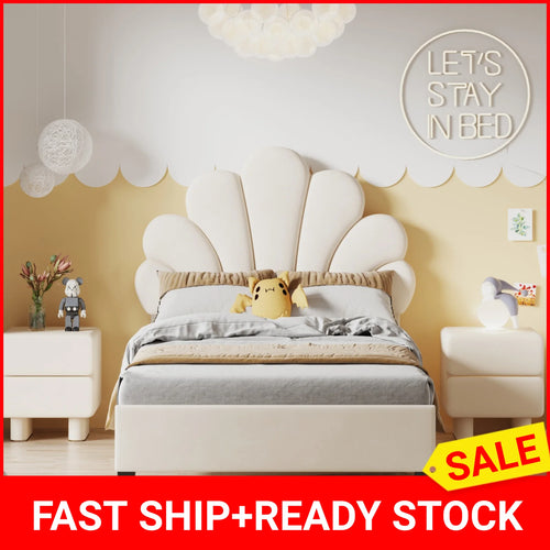 Youth Bed, Upholstered Bed, Skin-friendly Velvet Fabric, With Solid Flower-shaped Headboard and Slatted Frame, 90 x 200 cm - vue 2 sur 8