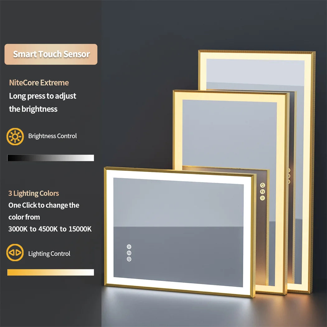 miroir éclairé avec cadre doré et lumières led antibuée à gradation trois couleurs - vue 6 sur 11