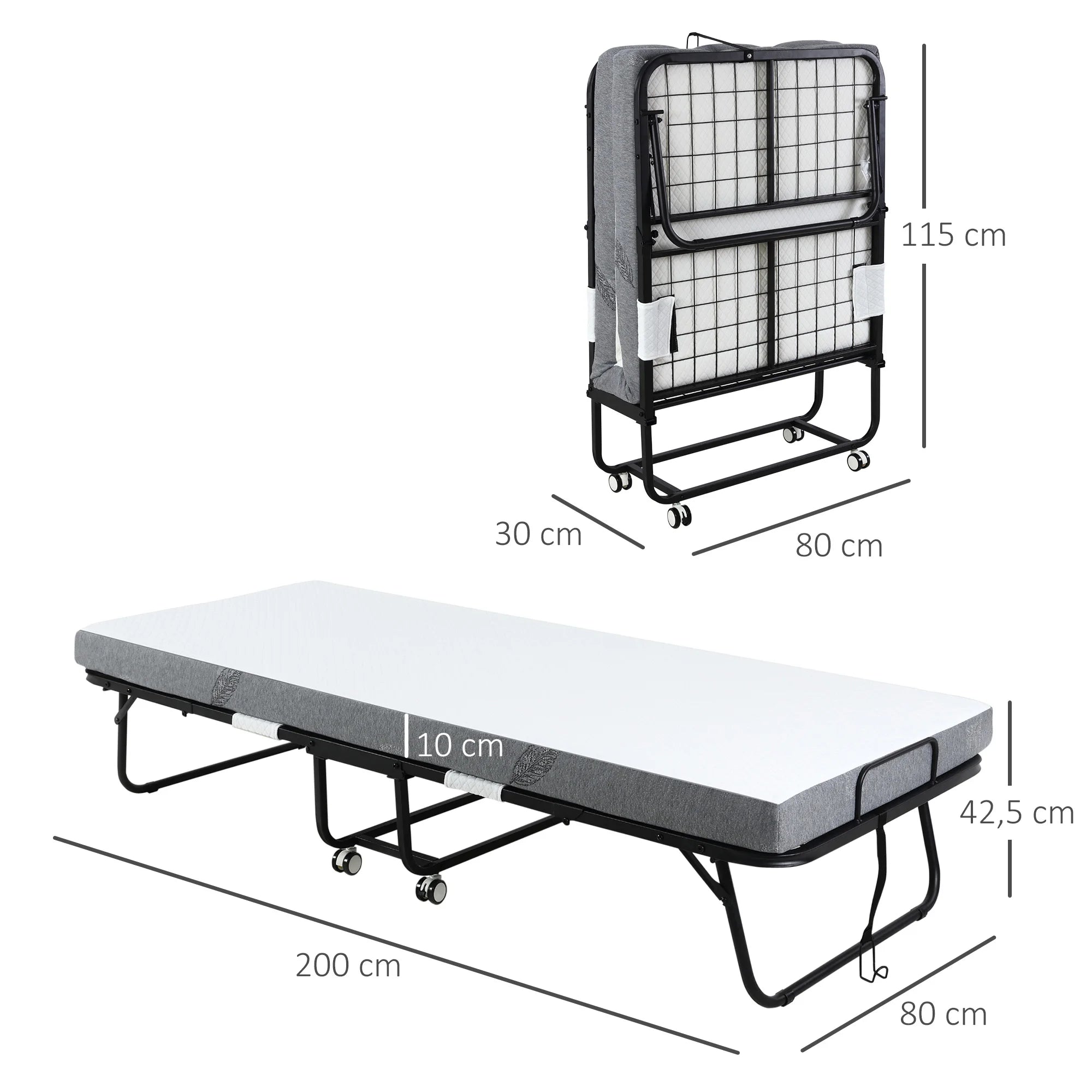 HOMCOM folding bed 200x80x42,5 cm with single mattress wheels living room office - vue 6 sur 6