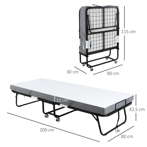 HOMCOM folding bed 200x80x42,5 cm with single mattress wheels living room office - vue 7 sur 6