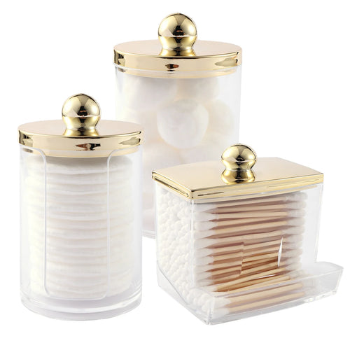 1/3 pcs Qtips Dispenser Bathroom Container with Golden Lid , 10 oz Cotton Ball Holder, Clear Plastic Apothecary Jar Organizer - vue 2 sur 9