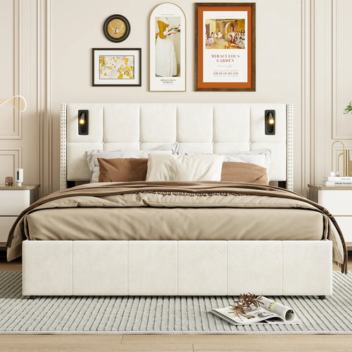Single and Double Bed with Slatted Frame, Hydraulic Upholstered Storage Bed, Headboard with 2 Reading Light and USB Port, Velvet - vue 6 sur 8