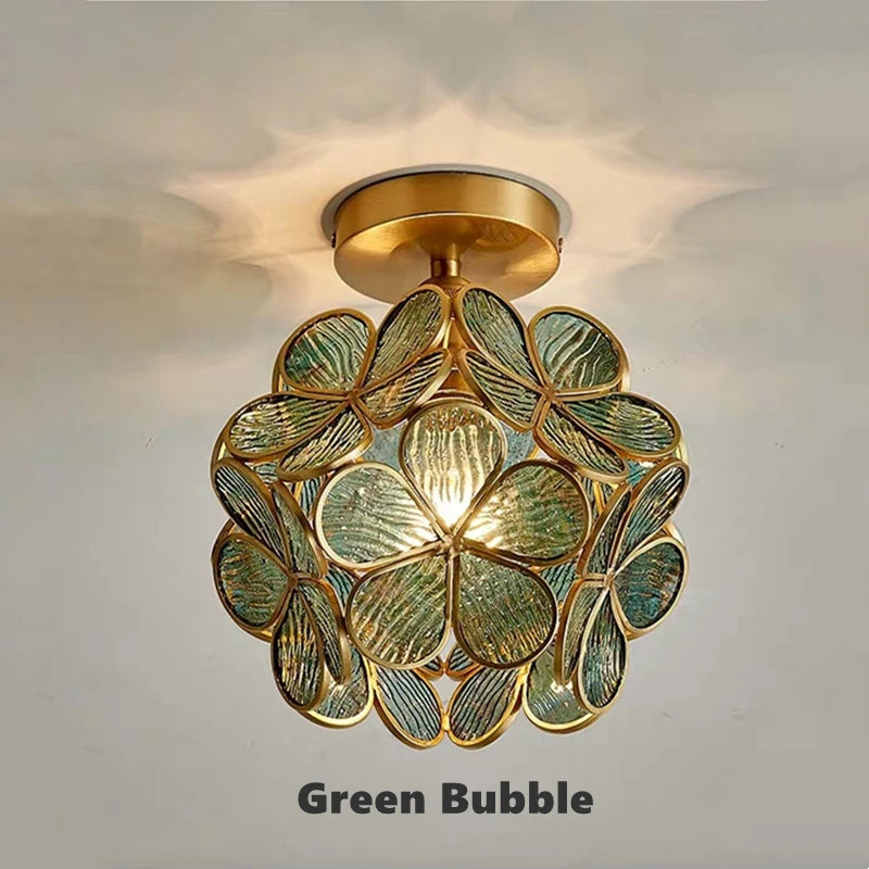 Vintage glass and copper chandelier with decorative luminous petals