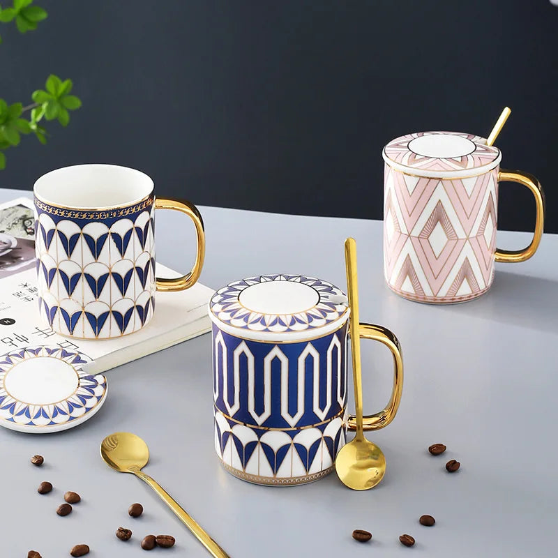 Tasse café céramique bord doré style britannique couvercle