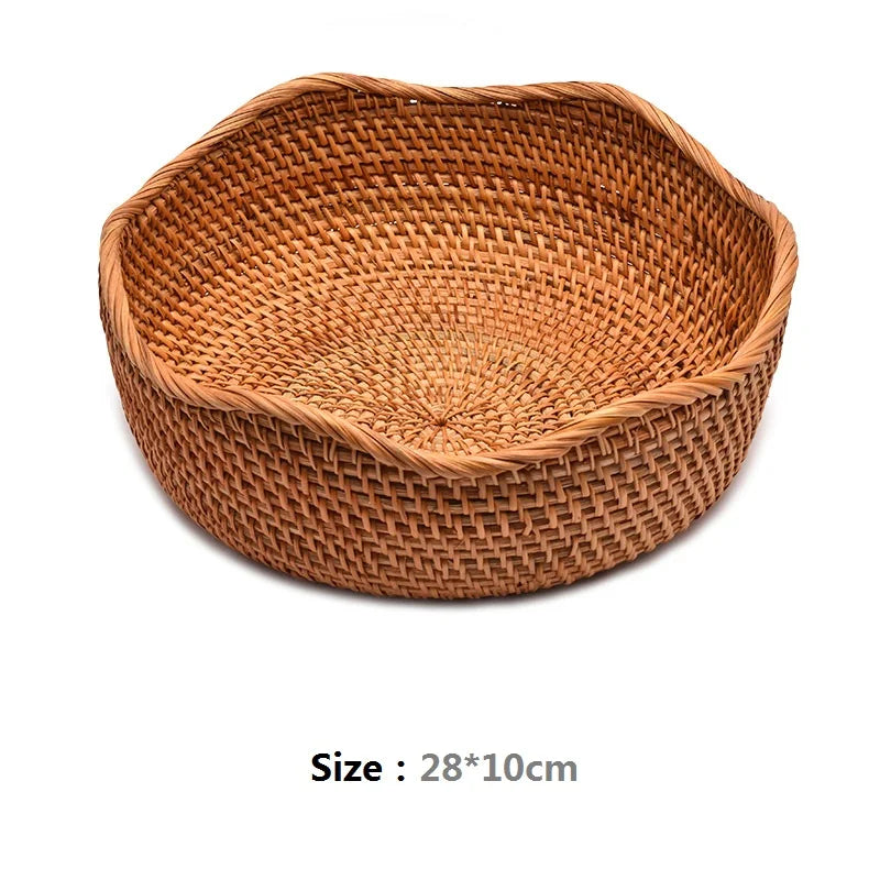 HeMu-Round Rattan Woven Basket, Wicker Fruit Basket, Bread Food, Kitchen Home Decor, Organizer Breadbasket for Kitchen - vue 13 sur 13