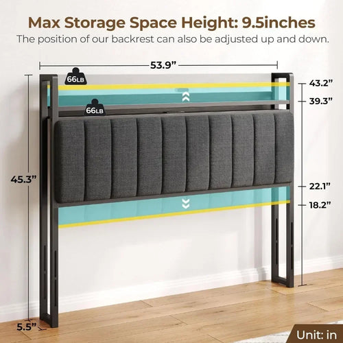 Headboard for Full/Twin/Queen Bed with Storage, 60,000 DIY Color of LED Light, with USB, Height Adjustable, Black Upholstered - vue 8 sur 8