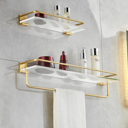 DOOKOLE Bathroom Floating Shelves Gold, Wall Mounted Storage Shelves with Towel Bar for Bathroom, Kitchen, Bedroom - vue 3 sur 11