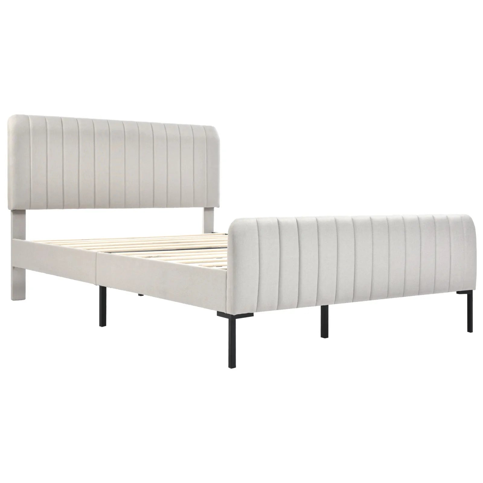 Double Bed, Beige Linen Fabric, with Adjustable Headboard and Slatted Frame, Youth Bed, for Bedroom, Guest Room, 160 x 200 cm - vue 5 sur 6