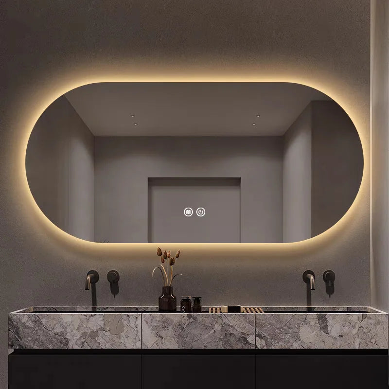 miroir intelligent elliptique lumineux anti-buée trois couleurs mural - vue 4 sur 18