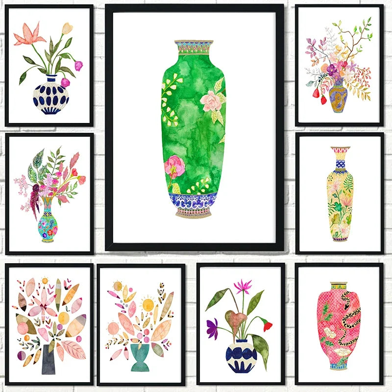 art mural vase à fleurs aquarelle impressions nordiques décoration intérieure