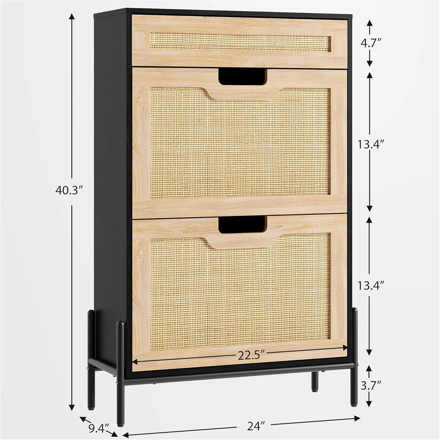 Natural Rattan Storage Cabinet with 2 Flip Door 1 Drawer Freestanding Entrance Shoe Cabinet, Modern Narrow Entry Way Cabinet