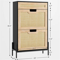 Natural Rattan Storage Cabinet with 2 Flip Door 1 Drawer Freestanding Entrance Shoe Cabinet, Modern Narrow Entry Way Cabinet