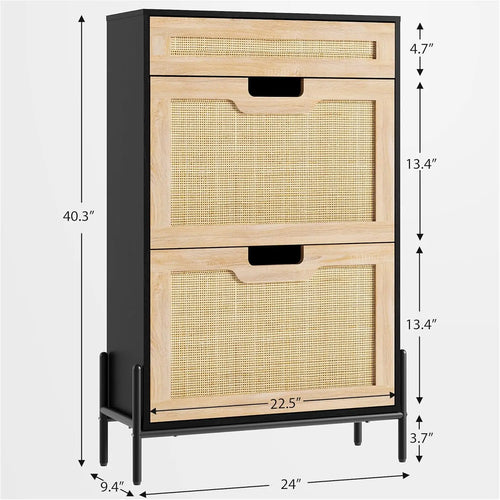 Natural Rattan Storage Cabinet with 2 Flip Door 1 Drawer Freestanding Entrance Shoe Cabinet, Modern Narrow Entry Way Cabinet