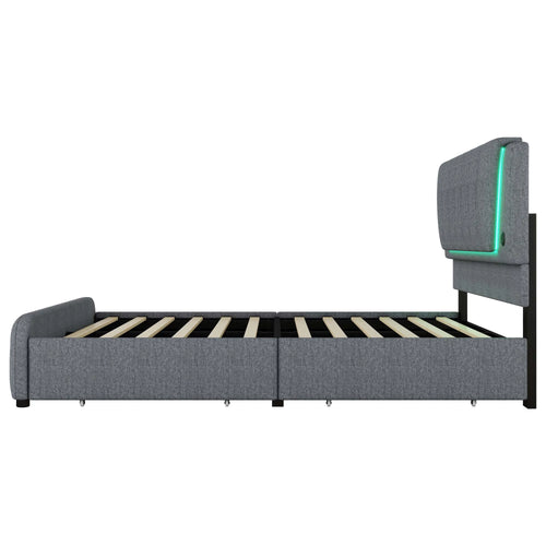 Upholstery bed, 160x200cm, bed with slatted frame (without mattress), remote control room light, bed with four drawers, adjustable - vue 3 sur 4