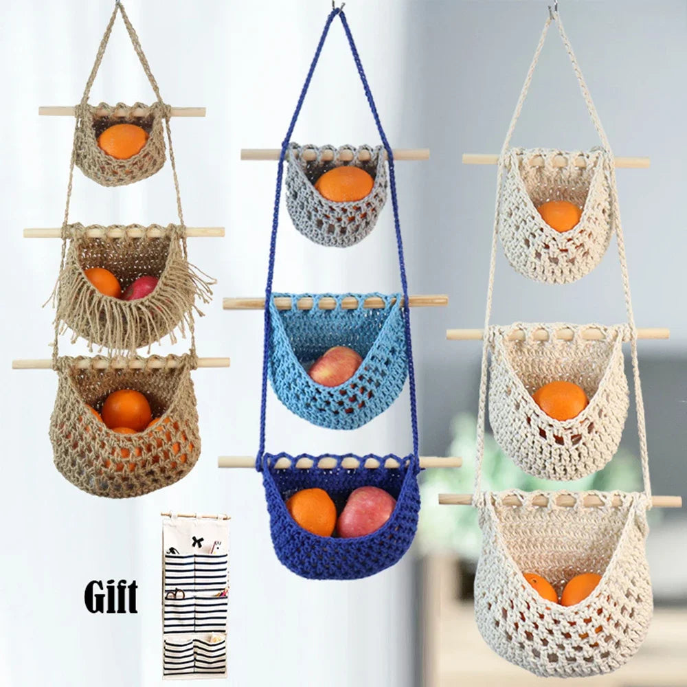 paniers suspendus en macramé lot de trois niveaux de rangement - vue 3 sur 9