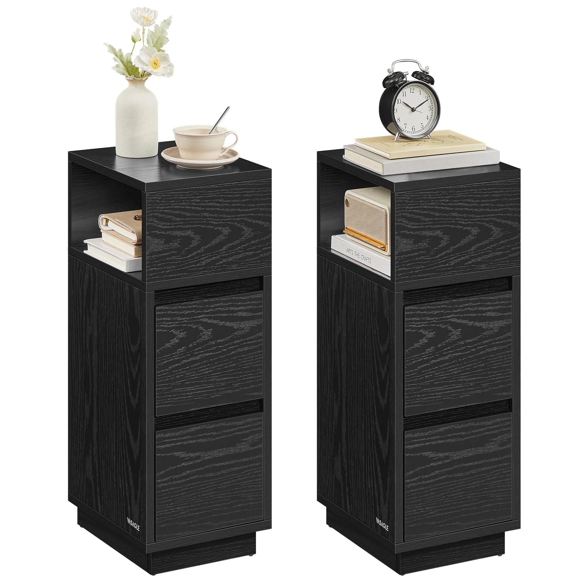 VASAGLE Slim Bedside Tables, Set of 2, Small Narrow Side End Tables with 2 Drawers, 1 Open Compartment Mounted to Face Left - vue 2 sur 9