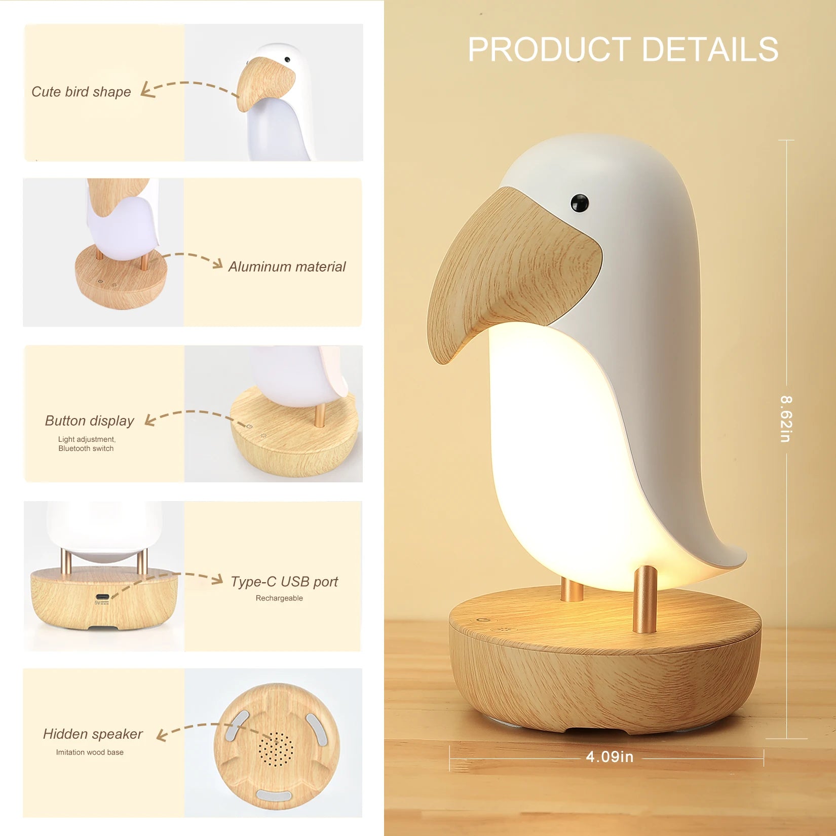 Toucan oiseau veilleuse Usb Rechargeable Lampe de Table Bluetooth Lampe chambre décor cadeau de noël pour enfants éclairage intérieur - vue 3 sur 10