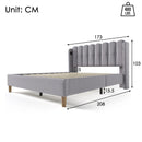 Cushion Bed Double with USB Type C Charging, Slatted Frame, Upholstered, Gray, 160x200 cm, Youth/Guest Room, Linen