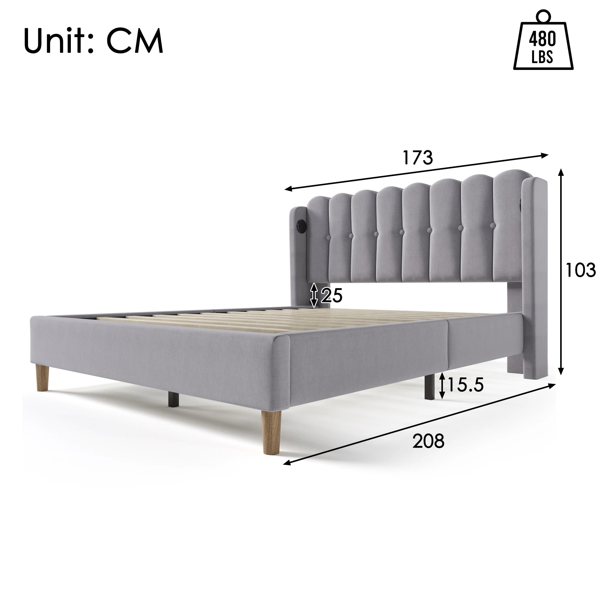 Cushion Bed Double with USB Type C Charging, Slatted Frame, Upholstered, Gray, 160x200 cm, Youth/Guest Room, Linen - vue 4 sur 6