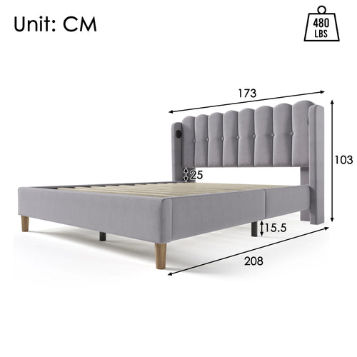 Cushion Bed Double with USB Type C Charging, Slatted Frame, Upholstered, Gray, 160x200 cm, Youth/Guest Room, Linen - vue 5 sur 6