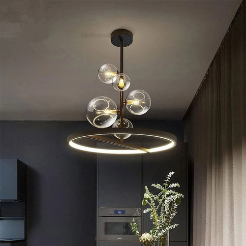 lustre moderne en verre transparent avec bulles en métal