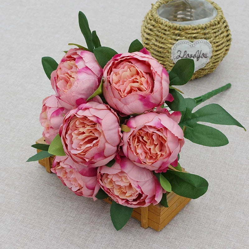 7 Heads Artificial Peony Bouquets Wedding Flowers Arrangement,Blue Red White Silk Peonies Flower Home Office Table Decoration - vue 4 sur 9