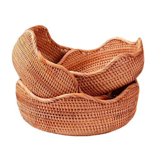 Round Rattan Fruit Basket, Wicker Woven Snack Tray, ,Bread Food Organizer, Kitchen Storage, Home Decoration - vue 2 sur 9