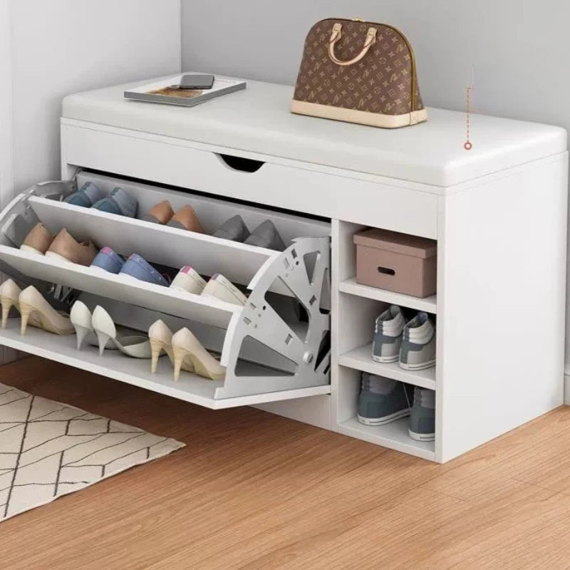 Home Shoe Cabinet with Bench, Anti-Dust Shoe Storage Bench, Multi-Layer Wooden Organizer with Cushion and Stable Structure - vue 4 sur 13
