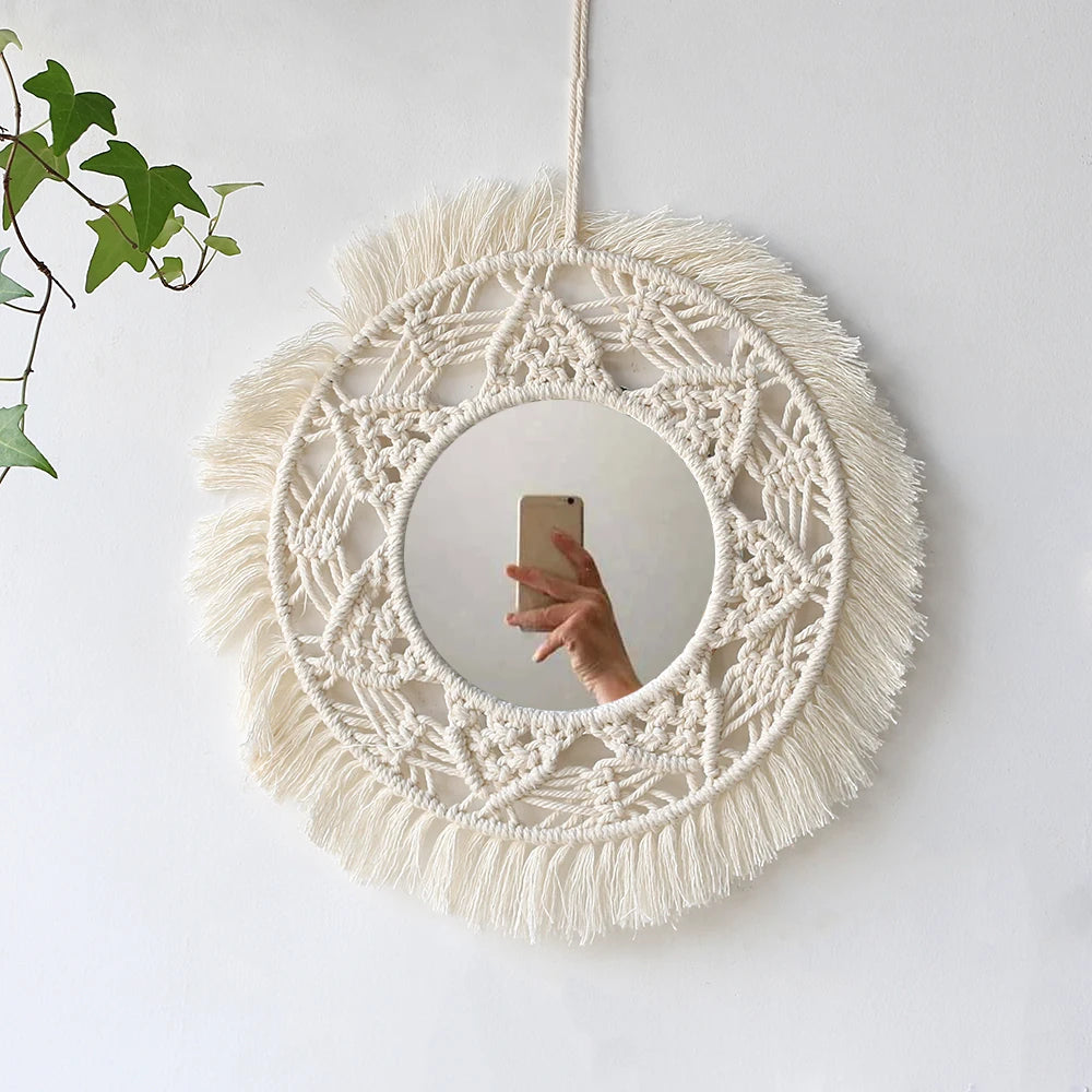 miroir mural en macramé décoration intérieure style bohème - vue 9 sur 11
