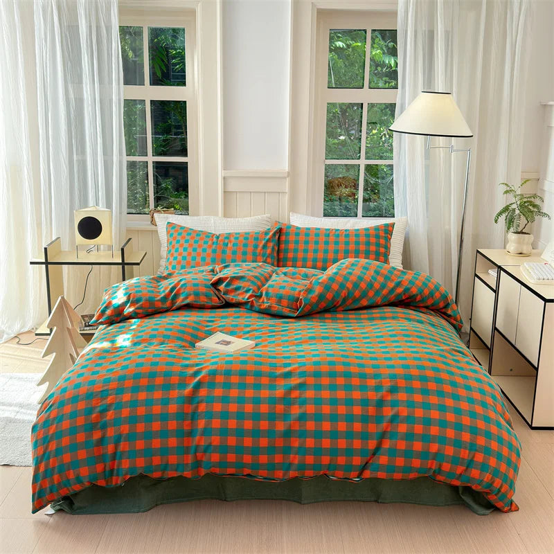 housse de couette en coton lavée à carreaux douce et confortable