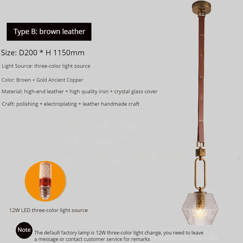 lustre moderne en cuir avec suspension lumière et verre cristal - vue 10 sur 14