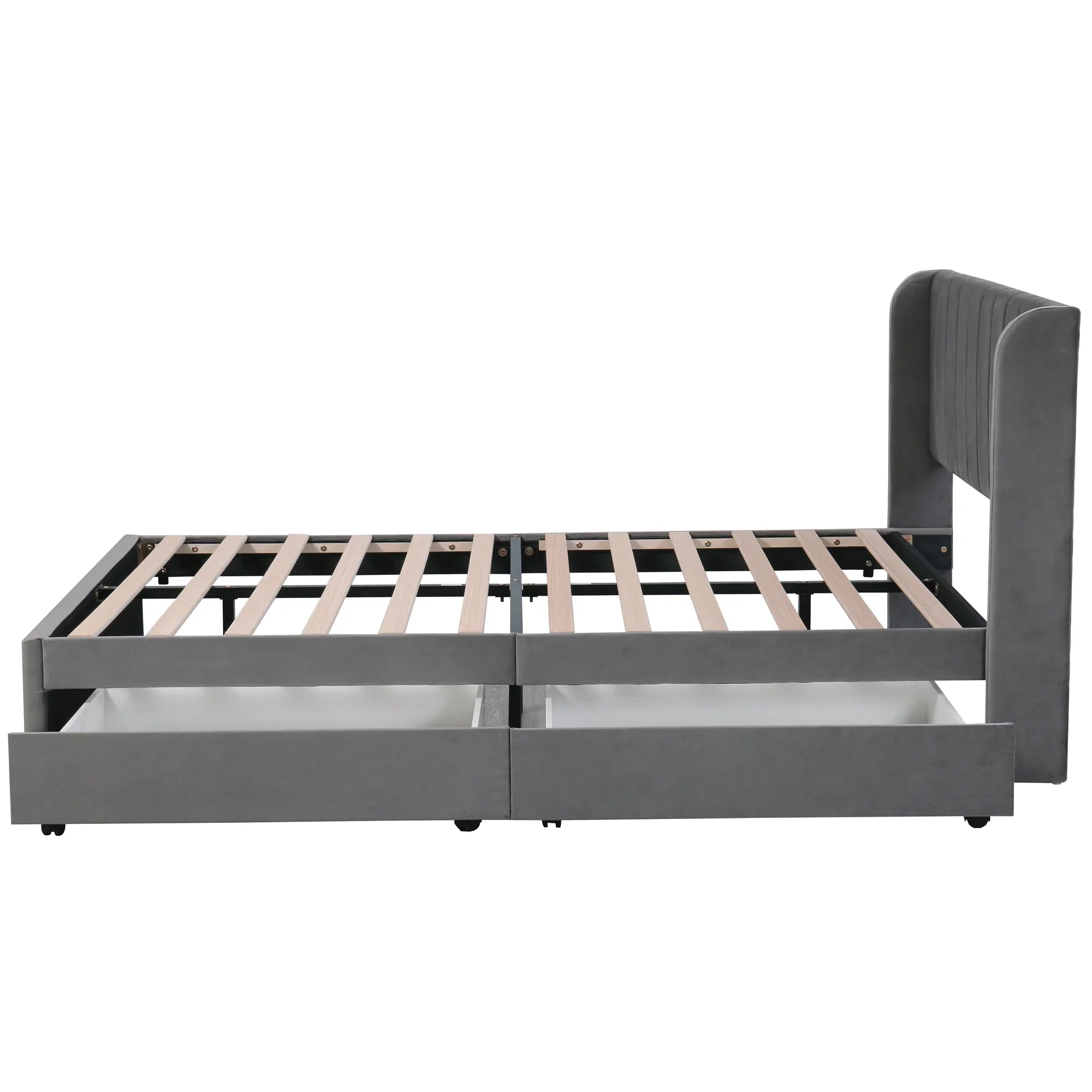 VSOGA Upholstered Bed 180 X 200 Cm Velvet With Slatted Backrest 2 Drawers, Black，160 X 200 Cm, Gray - vue 5 sur 8