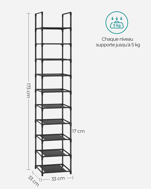 SONGMICS 10-Tier Shoe Rack, Shoe Stand, Space-Saving Shoe Storage, 33 x 33 x 173 cm, Metal Frame, Non-Woven Fabric Shelves - vue 3 sur 7