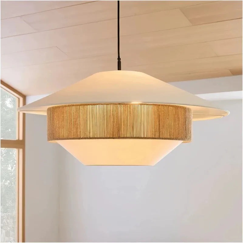 Vintage fabric pendant light with hemp rope, country style - vue 3 sur 9