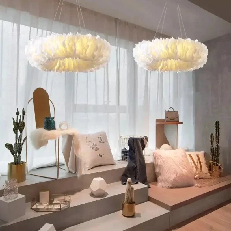 lustre à led nordique avec suspension en plumes - vue 4 sur 8