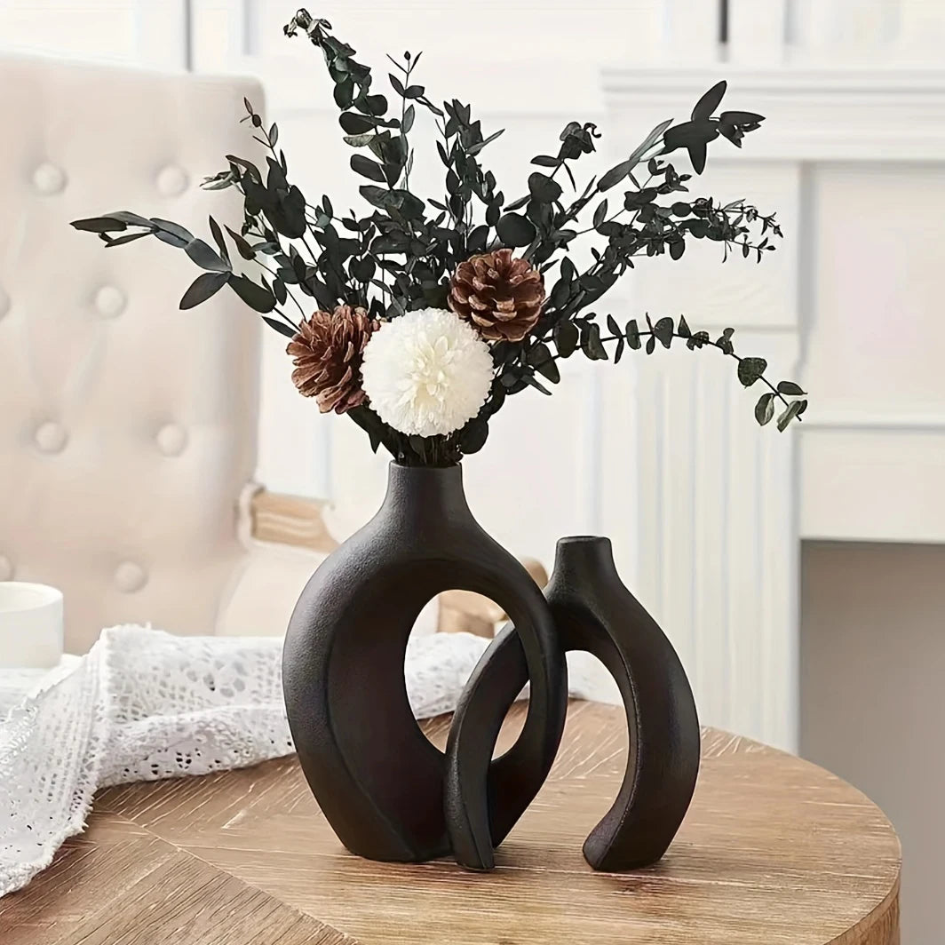 Hollow Nordic Modern Ceramic Vase Set of 2 for Modern Home Decor,Modern Boho Hollow Flower Vases for Living Room Bookshelf - vue 8 sur 8