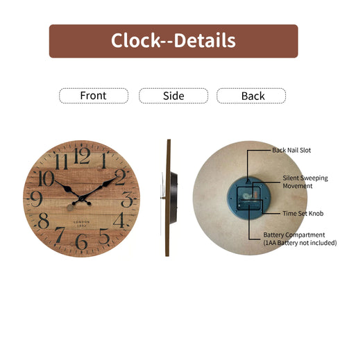 Retro brown wood textured pattern wall clock, round wooden silent clock, suitable for living room bedroom, room decor, classic h - vue 7 sur 7