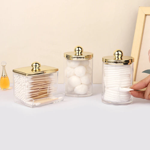 1/3 pcs Qtips Dispenser Bathroom Container with Golden Lid , 10 oz Cotton Ball Holder, Clear Plastic Apothecary Jar Organizer - vue 4 sur 9