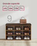 VASAGLE Shoe Bench, Storage Bench with Padded Seat, with Cushion, 9 Compartments, Adjustable Shelves, for Living Room, Hallway