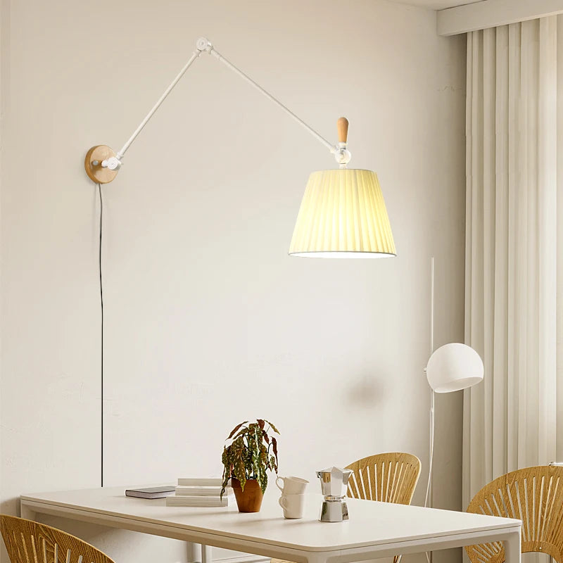 Nordic Shiftable Rocker Arm Wall Lamps Fabric Lampshade Dining Table Wall Light for Bedside Study Reading Lighting ON/OFF Switch - vue 5 sur 14