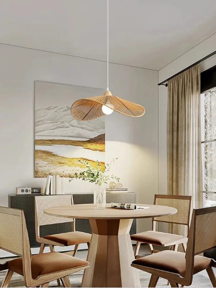 suspension Tissu nordique LED lumière Wabi Sabi pour salon décoration de la maison chambre créative coton lin chapeau - vue 7 sur 9